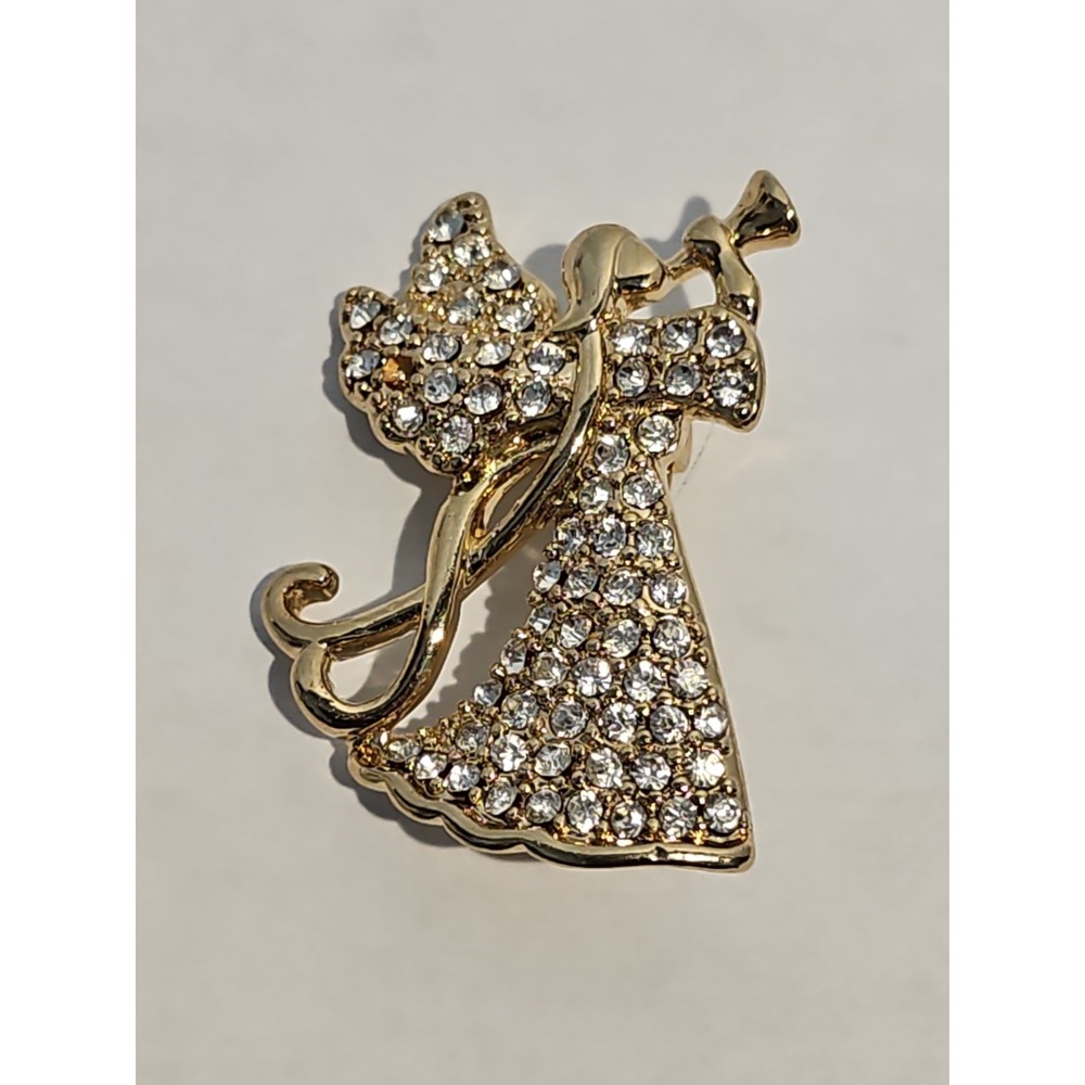 Vintage MONET Rhinestone Angel With Trumpet - Gold Tone Brooch Pin Pinback